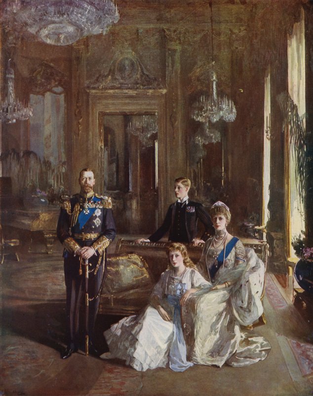 Rei George V, Rainha Maria, o Príncipe de Gales e a Princesa Maria na Sala de Estar Branca, Palácio de Buckingham, Londres, 1913 de John Lavery