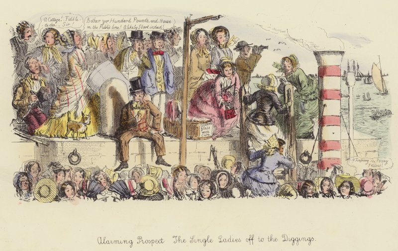 Perspectiva alarmante, as senhoras solteiras fora dos Diggings de John Leech