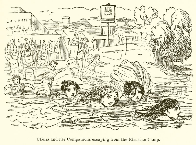 Claelia e seus companheiros escapam do acampamento etrusco de John Leech