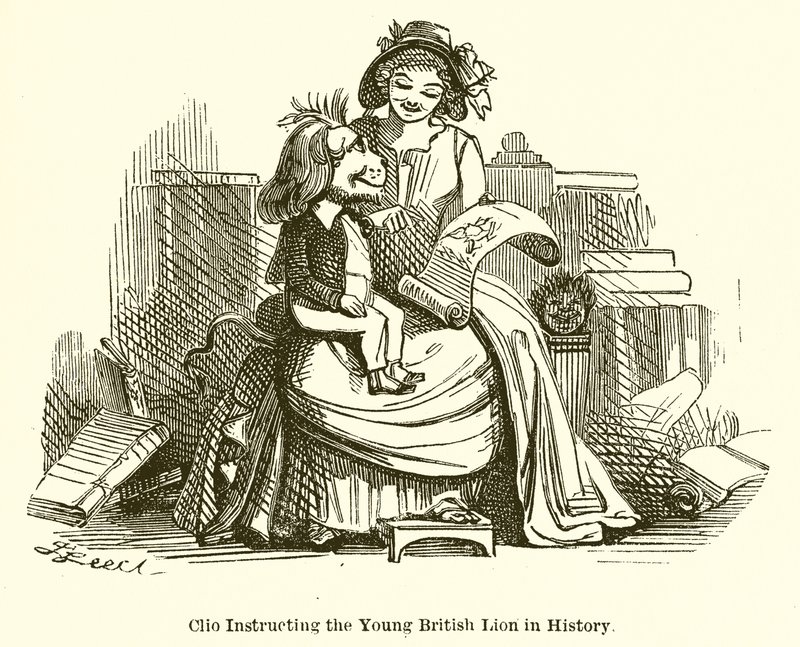 Clio instruindo o jovem leão britânico na história de John Leech