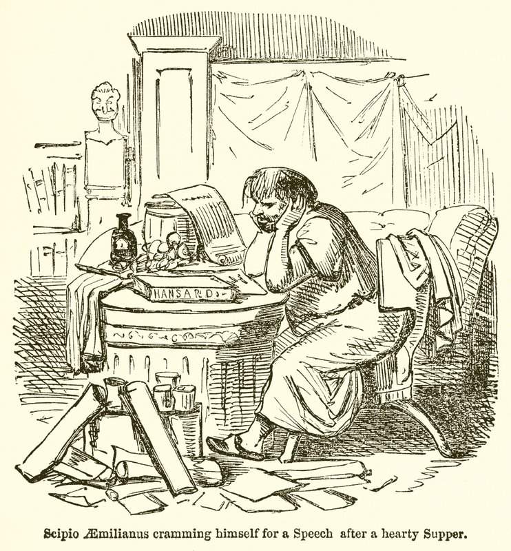 Cipião Aemilianus Cramming-se para um discurso depois de uma ceia entusiasta de John Leech