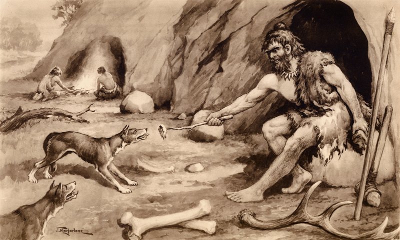 Homem das cavernas a alimentar um cão (litografia) de John Macfarlane