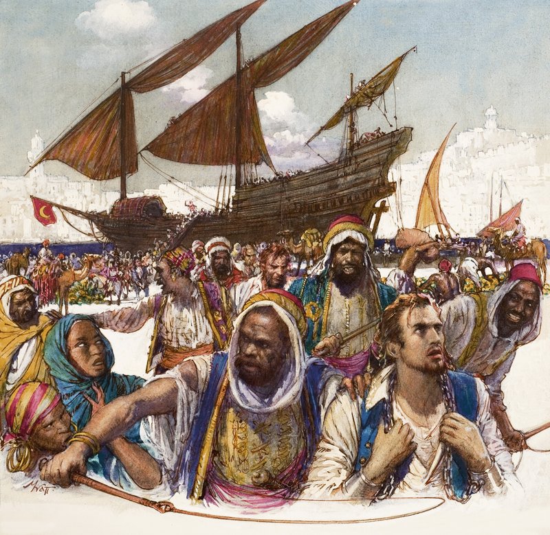 Prisioneiros árabes acorrentados nas docas, com um dhow ao fundo de John Millar Watt