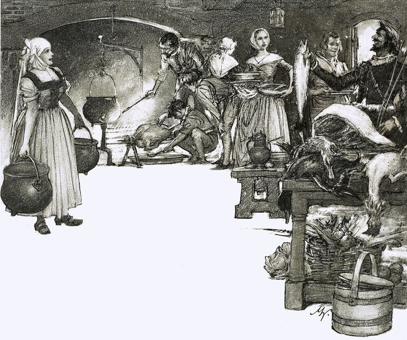 Cozinhando em fogo aberto numa cozinha elisabetana de John Millar Watt