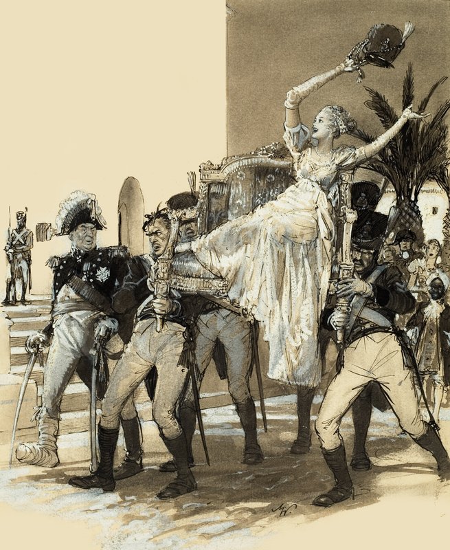 Rapariga transportada por soldados (guache sobre papel) de John Millar Watt