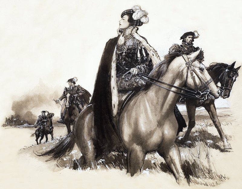 Rainha não identificada a sair de uma cidade fumegante sob escolta de John Millar Watt