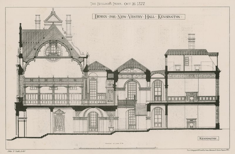 Design para o novo Vestry Hall, Kensington de John Oldrid Scott