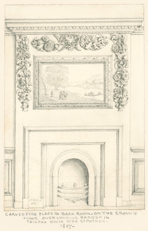 Lareira esculpida no quarto dos fundos no piso térreo com vista para o jardim, Fairfax House, High Street, Putney, 1887 de John Phillipp Emslie