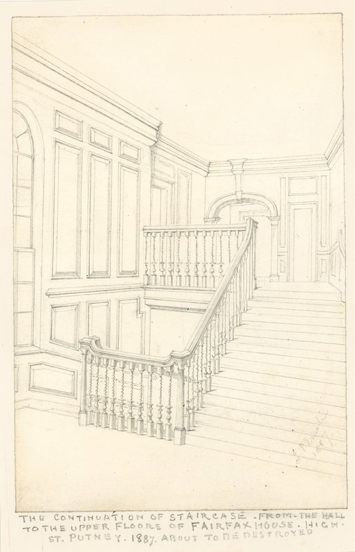 A continuação da escada, do hall para os andares superiores, da Fairfax House, High Street, Putney, 1887 de John Phillipp Emslie