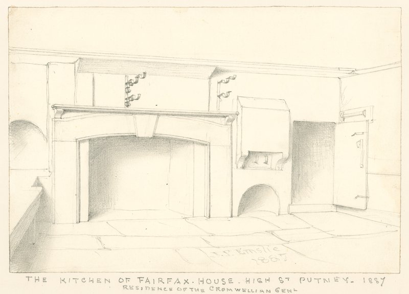 A cozinha da Fairfax House, High Street, Putney, 1887; residência do Cromwellian Gent de John Phillipp Emslie