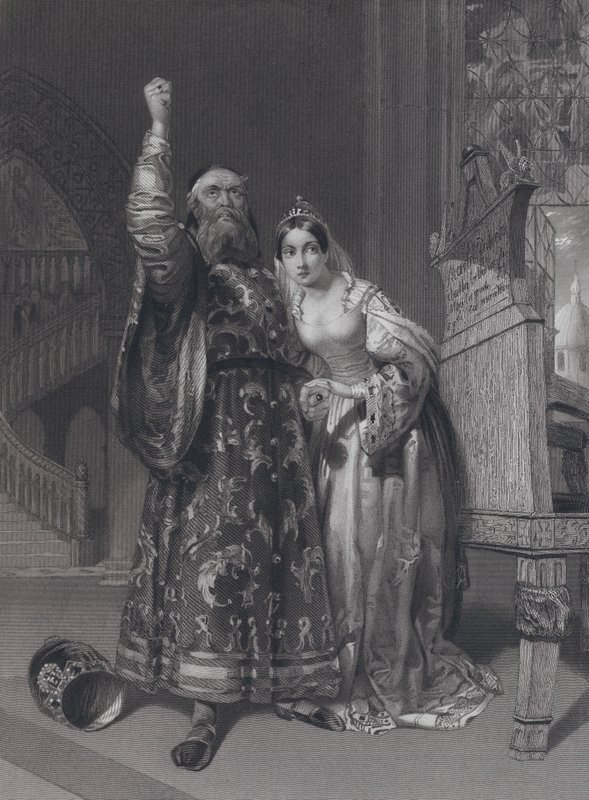 Marino Faliero, Doge de Veneza, ameaçando vingança pela difamação de sua esposa, Aluycia Gradenigo (gravura) de John Rogers (after) Herbert