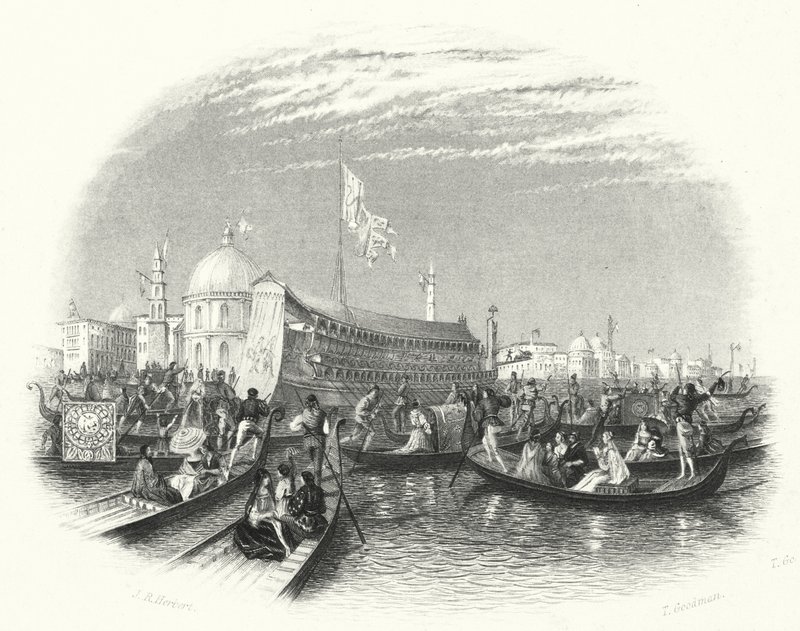 O casamento do mar. A barcaça dos Doges e gôndolas sobre a água em Veneza (gravura) de John Rogers (after) Herbert