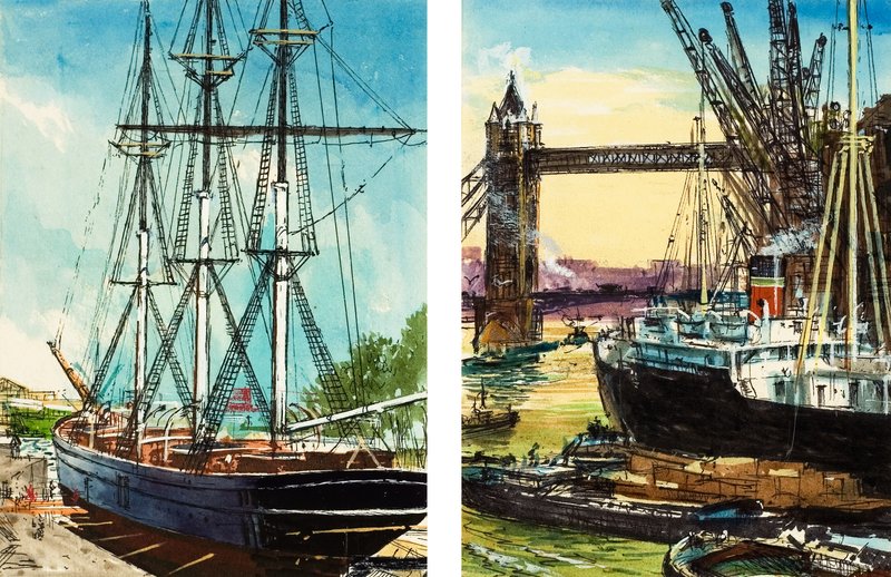 Um navio alto na parte baixa do Tamisa e um cargueiro a vapor perto da Tower Bridge (guache sobre papel) de John S. Smith