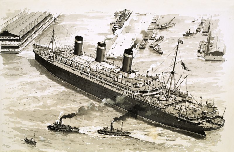O navio a vapor Leviathan é empurrado para um cais no porto de Nova Iorque por rebocadores de John S. Smith
