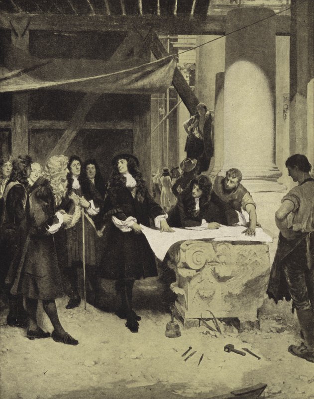 O Rei Carlos II visita Sir Christopher Wren durante a construção da Catedral de São Paulo, no final do século XVII (litho) de John Seymour (after) Lucas