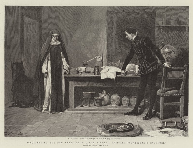 Ilustrando a nova história de H Rider Haggard, intitulado Filha de Montezuma de John Seymour Lucas