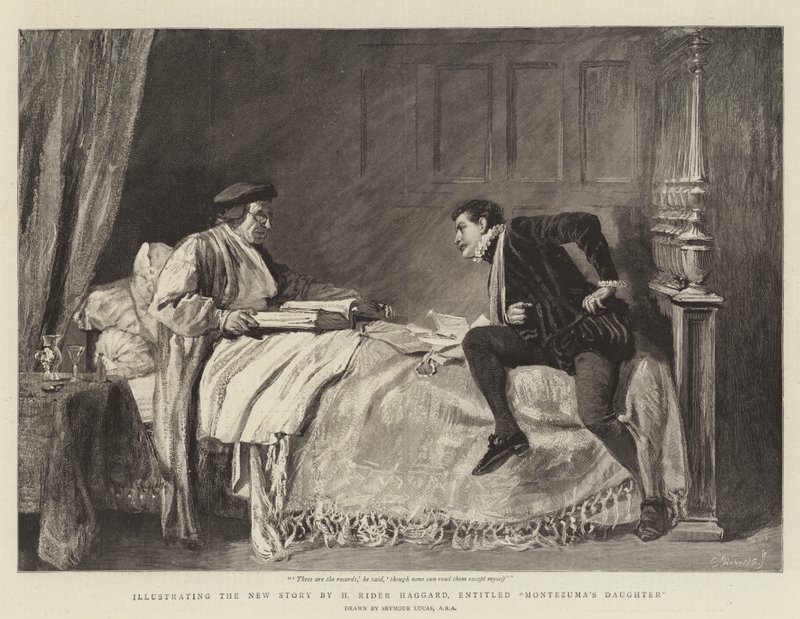 Ilustrando a nova história de H Rider Haggard, intitulado Filha de Montezuma de John Seymour Lucas