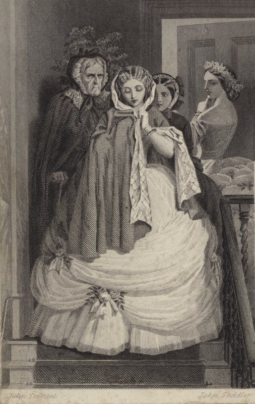 Menina bonita, vestida para festa, descendo escadas de John Tenniel