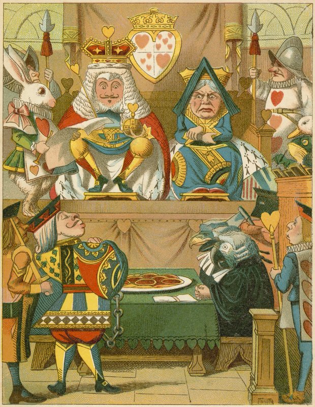 O julgamento em aventuras de Alice no país das maravilhas de John Tenniel