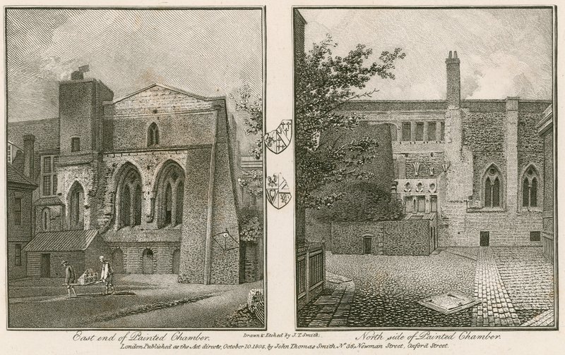 Extremo Oriente (esquerda) e lado norte (direita) da Câmara Pintada, Palácio de Westminster de John Thomas Smith