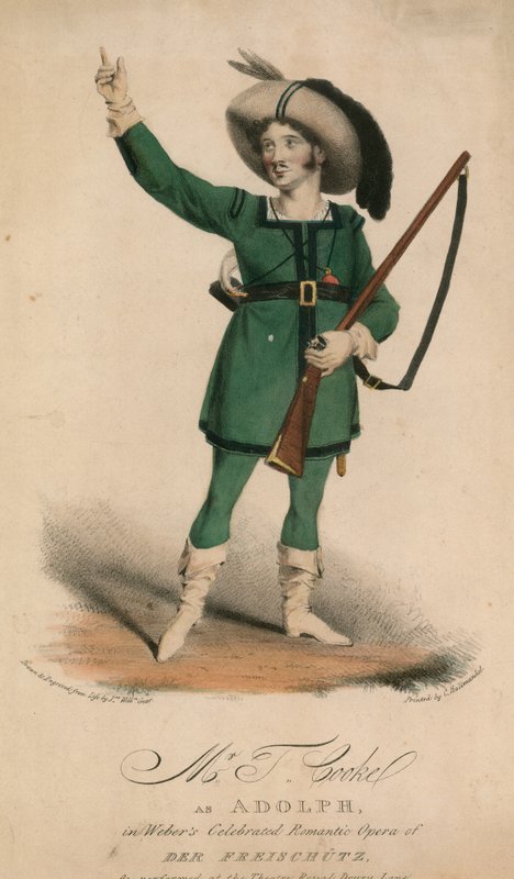 O Sr. T Cooke como Adolph na célebre ópera romântica de Der Freischutz de Weber se apresentou no Theatre Royal Drury Lane de John W. Gear