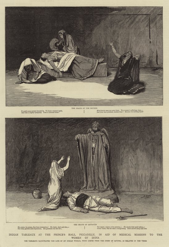 Tableaux indianos no salão do príncipe, Piccadilly, na ajuda de missões médicas às mulheres de India de John Watson Nicol