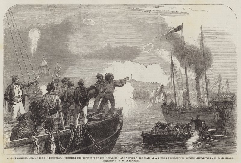 Capitão Hewlett, CB, da HMS Edinburgh, dirigindo os Movimentos do Snapper e Stork Gun-Boats em um Três-Decker Russo entre Gustafsvern e Bartholomew de John Wilson Carmichael