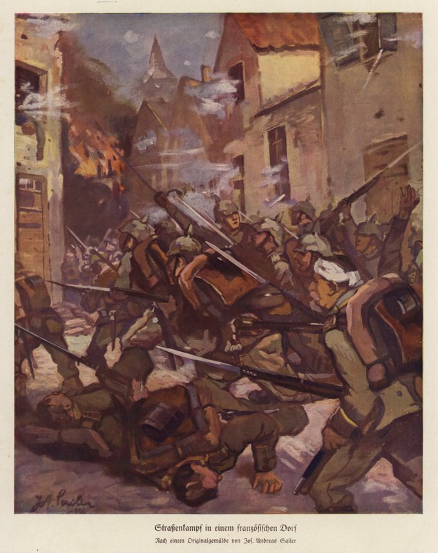 Batalha de rua numa aldeia francesa, Primeira Guerra Mundial (cor litho) de Josef Andreas Sailer