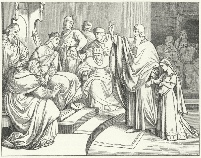 Beatriz de Hohenstaufen pedindo ao Rei Otto IV da Alemanha que vingasse o assassinato de seu pai, Filipe da Suábia de Josef Mathias Trenkwald