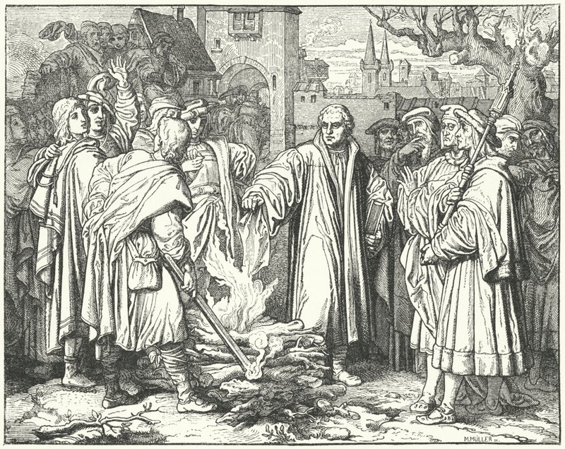 Martinho Lutero queimando a bula papal em Wittenberg, 1520 de Josef Mathias Trenkwald
