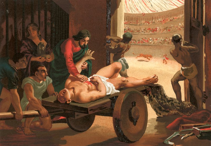 Galen ajudando um gladiador, ferido no circo de Bergamo de Josep or Jose Planella Coromina