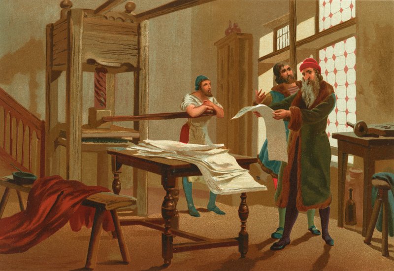 Gutenberg imprime a primeira página da Bíblia de Josep or Jose Planella Coromina