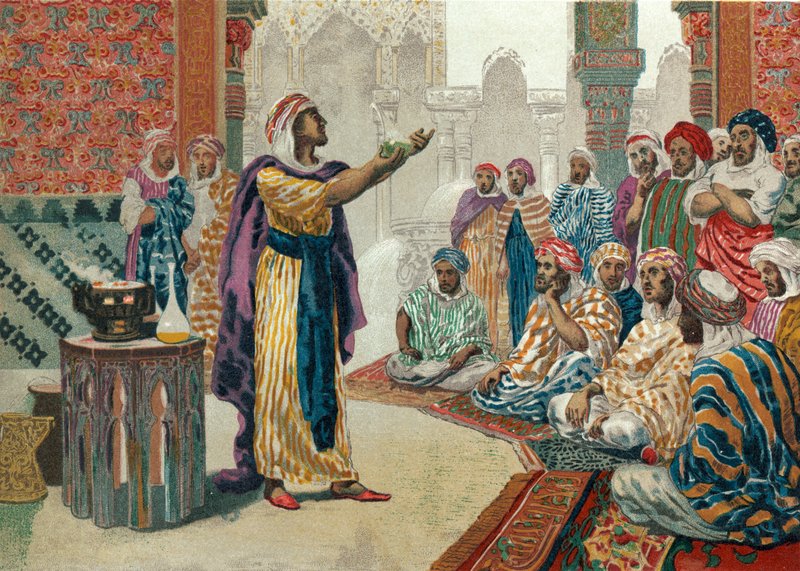 Jabir ibn Hayyan ensinando química em Edesa de Josep or Jose Planella Coromina