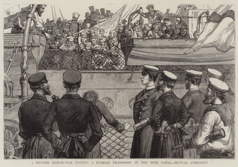 Um homem de guerra britânico passando um transporte russo no Canal de Suez, curiosidade mútua de Joseph Finnemore