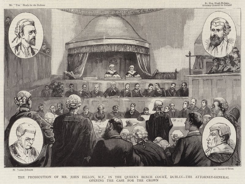 A acusação de Sr. John Dillon, MP, na corte da bancada da rainha, Dublin, o Attorney-General que abre o argumento para a coroa de Joseph Finnemore