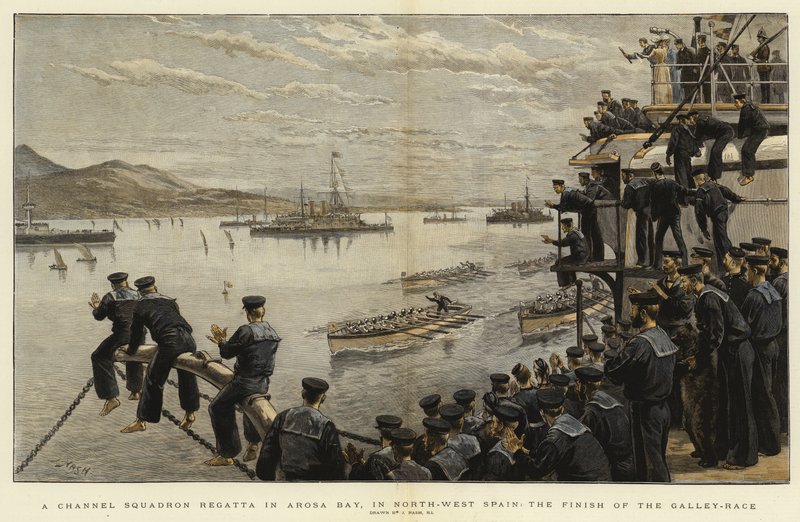 Um Esquadrão de Canais Regetta em Arosa Bay, no noroeste da Espanha, o fim da corrida de Galley de Joseph Nash