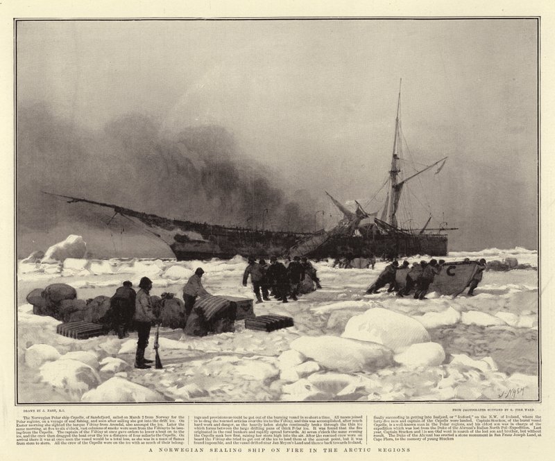 Um navio de selagem norueguês em chamas nas regiões árticas de Joseph Nash