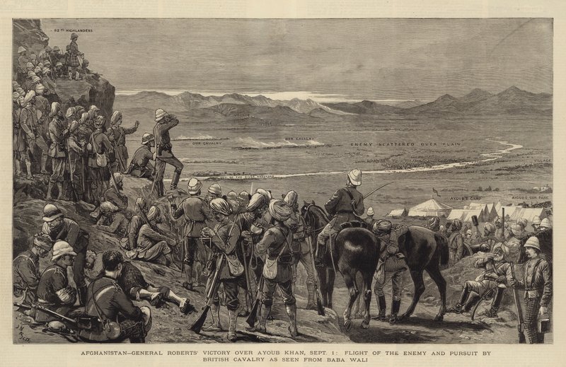 Afeganistão, vitória do general Roberts sobre Ayoub Khan, 1 de setembro, fuga do inimigo e perseguição pela cavalaria britânica como visto de Baba Wali de Joseph Nash