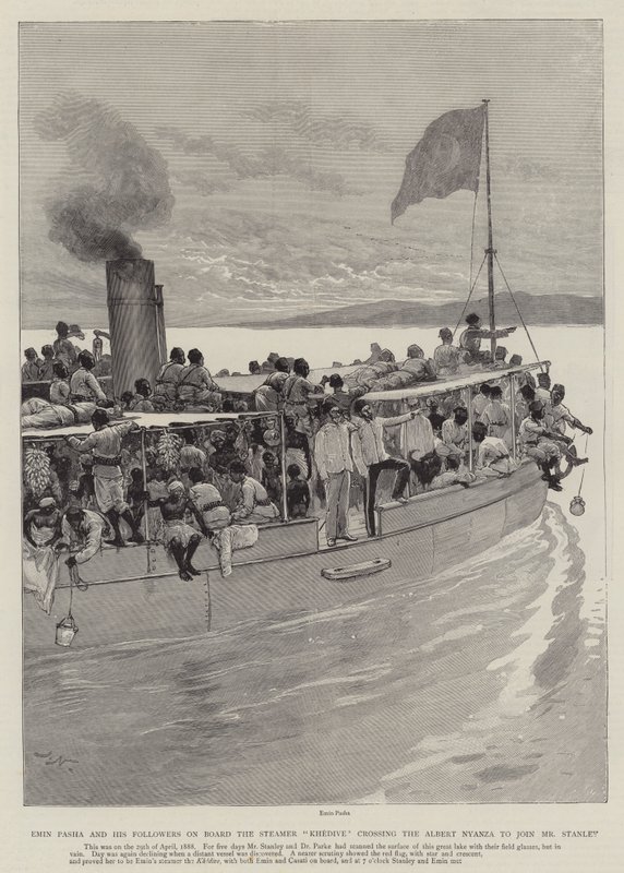 Emin Pasha e seus seguidores a bordo do Steamer Khedive cruzando o Albert Nyanza para se juntar ao Sr. Stanley de Joseph Nash