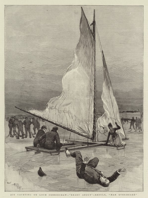 Ice Yachting no Loch Cobbinshaw, Pronto, resultado, homem ao mar de Joseph Nash
