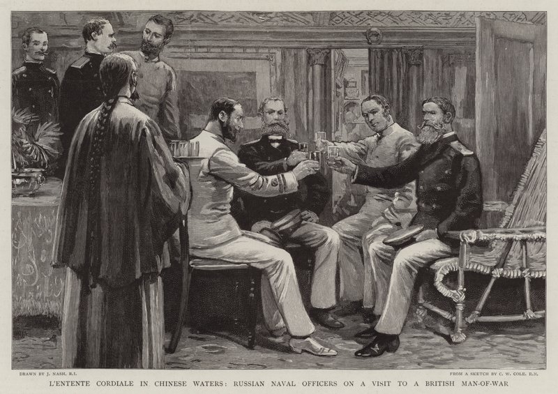 L&39;Entente Cordiale em águas chinesas, oficiais navais russos em uma visita a um homem de guerra britânico de Joseph Nash