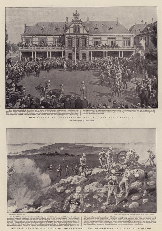 Lord Roberts em Joanesburgo, derrubando o Vierkleur, o Advento do General Hamilton em Joanesburgo, o Derbyshires atacando em Doornkop de Joseph Nash