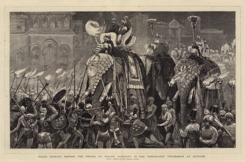 Nagas dançando diante do elefante do Príncipe de Gales na procissão de tochas em Jeypore de Joseph Nash