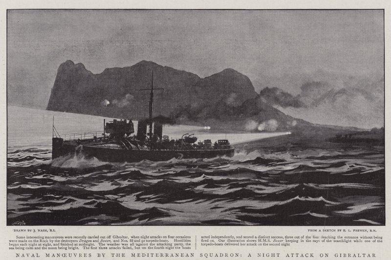 Manobras Navais pelo Esquadrão do Mediterrâneo, um Ataque Noturno em Gibraltar de Joseph Nash