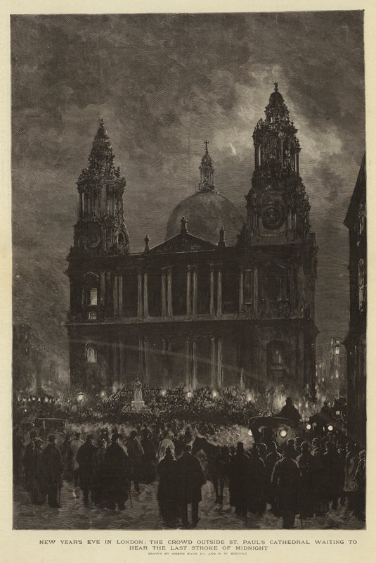 Véspera de Ano Novo em Londres, a multidão fora da Catedral de São Paulo esperando para ouvir o último golpe da meia-noite de Joseph Nash
