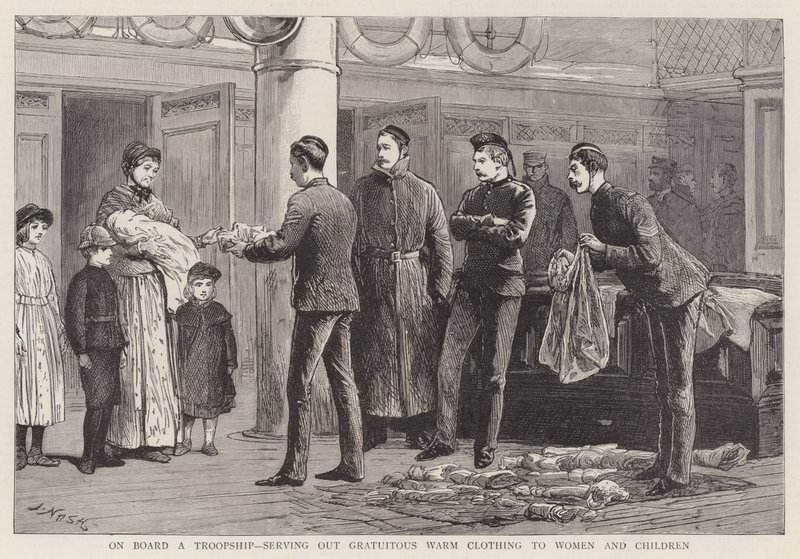 A bordo de um navio de guerra, Servindo roupas quentes gratuitas para mulheres e crianças de Joseph Nash