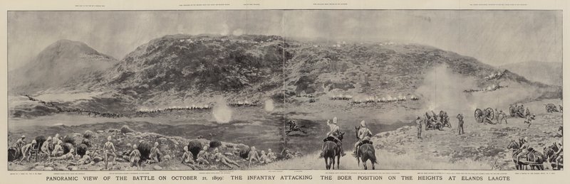 Vista panorâmica da batalha em 21 de outubro de 1899, a infantaria atacando a posição dos bôeres nas alturas de Elands Laagte de Joseph Nash