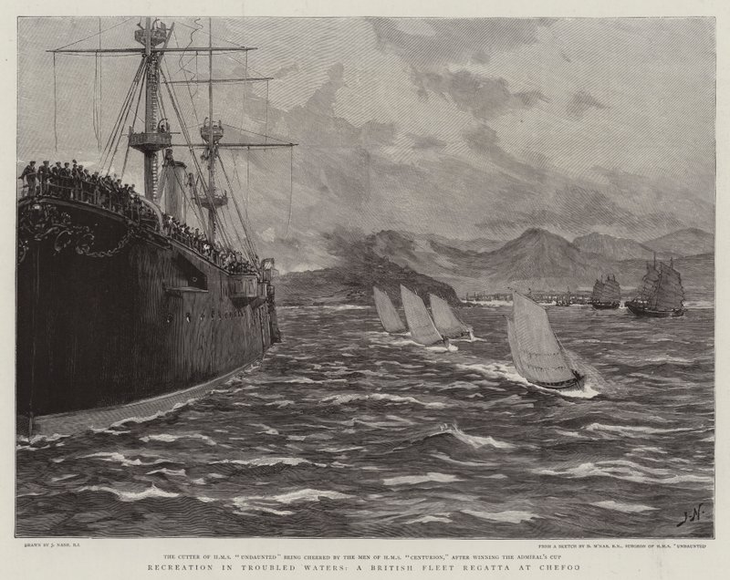 Recreation in Troubled Waters, uma regata da frota britânica na gravura Chefoo de Joseph Nash