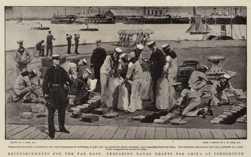 Reforços para o Extremo Oriente, preparando rascunhos navais para a China em Portsmouth de Joseph Nash
