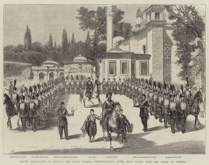 Sultão Abd-ul-Hamid II saindo da mesquita Eyoub, Constantinopla, após ser cingido com a Espada de Othman de Joseph Nash